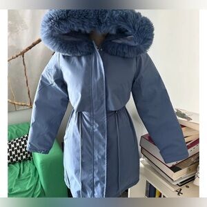 Coat size large women blue faux for hood new with tags warm winter jacket